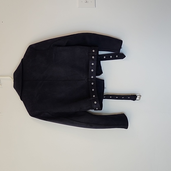 Zara basic navy Faux suede multi zip moto style cropped jacket size S - Picture 6 of 8